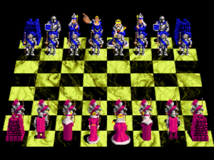 In Battle Chess ist man auf diese Darstellung festgenagelt, bei der sich die Figuren mitunter gegenseitig etwas verdecken. Beim Druck auf die rechte Maustaste öffnet sich das Hauptmenü.