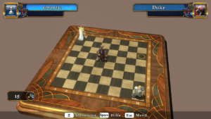 Bei diesem Puzzle muss man mit den beiden weißen Figuren die schwarze schlagen, hat dazu aber insgesamt nur 15 Züge zur Verfügung.