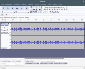 Abbildung 1: Das am Rechner angeschlossene USB-Mikrofon liefert in diesem Beispiel einen Stereo-Track, daher stellt Audacity zwei Wellenverläufe dar.