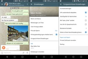 Abbildung 1: Delta&nbsp;Chat unter Android mit dem Messenger-Fenster inklusive Nachrichten, Foto und Sprachnachrichten sowie den Einstellungen.