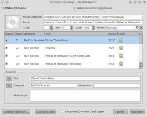 Abbildung 1: Die zu rippenden Titel markieren Sie per Checkbox. Fehlen Metadaten, tragen Sie sie in den entsprechenden Feldern ein.