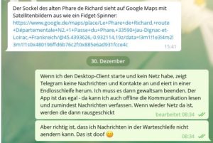 Abbildung 2: Nachrichtenverlauf bei Telegram mit Lesebest&auml;tigung und nachtr&auml;glich erfolgter &Auml;nderung.