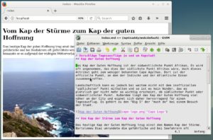 Abbildung 4: Der Texteditor zeigt den Quelltext der Datei <code>index.md</code> in Markdown, dahinter sehen Sie das Browserfenster mit dem daraus gerenderten Text.