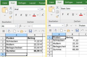 Abbildung 4: Der Import einer Tabelle aus MS&nbsp;Excel klappt im Test fehlerfrei (links). Beim Import einer Tabelle aus der LibreOffice Calc gingen dagegen einige Formatierungen verloren.