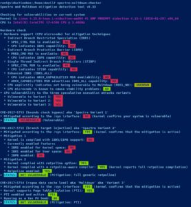Abbildung 5: Der Spectre-Meltdown-Checker zeigt mit Kernel 4.15.0 nur noch Spectre v1 als verwundbar an. Meltdown und Spectre v2 sind geschlossen.