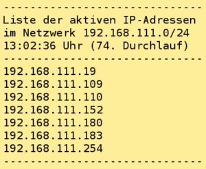 Abbildung 6: Das Skript <code>netzschau.sh</code> liefert eine &Uuml;bersicht der im Netzwerk aktiven Ger&auml;te.