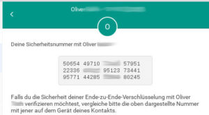Abbildung 11: Ein individueller Sicherheitscode, den Sie mit dem Gegen&uuml;ber einmal &uuml;berpr&uuml;fen, dient dazu, die Gespr&auml;che mit diesem Teilnehmer zu verschl&uuml;sseln.
