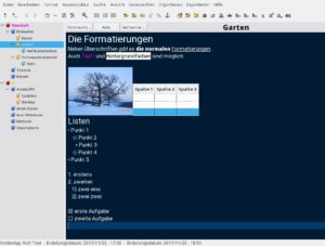 Abbildung 6: Cherrytree packt in einer Baumstruktur geordnete, textverarbeitungs&auml;hnlich formatierbare Dokumente in eine Datei. Das dunkelblaue Farbschema und die etwas blumigen Kirschen-Ordnersymbole lassen sich in den Einstellungen ver&auml;ndern.