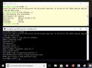 Abbildung 5: Auf diesem Windows-Rechner wurden Ubuntu und OpenSuse installiert; standardmäßig präsentiert sich die Shell in Weiß auf Schwarz.