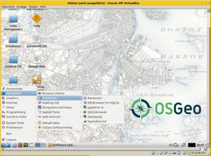 Abbildung 1: OSGeo-Desktop mit Auswahlmen&uuml; (in der Virtualbox).
