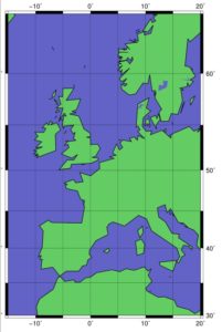 Abbildung 1: Mit nur einem GMT-Kommando generieren Sie eine grundlegende Karte zum angegebenen Ausschnitt, hier für Westeuropa.