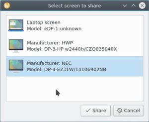 Abbildung 6: Der Anwender wählt künftig in einer Wayland-Sitzung ab KDE Plasma 5.13 über einen Dialog den zu teilenden Bildschirm aus.