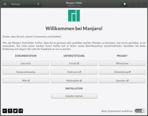Abbildung 1: Der Manjaro-Assistent empfängt Sie mit Hilfen und der Option, das Live-System zu installieren.