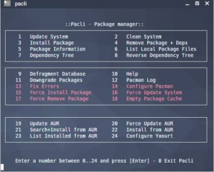 Abbildung 2: Das praktische grafische Frontend Pacli f&uuml;r Pacman basiert auf dem Ncurses-Framework und setzt Pacman-Funktionen &uuml;ber die Eingabe von Zahlen um.