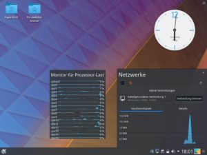 Abbildung 3: Grafisch ausgefeilte Widgets ("Plasmoids") auf den Leisten und der Desktop-Oberfläche sind das Markenzeichen von KDE Plasma, das unter Kubuntu 18.04 in dunkler Optik startet.