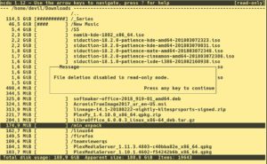 Abbildung 4: Um versehentliches L&ouml;schen zu verhindern starten Sie Ncdu mit der Option <code>-r</code> f&uuml;r Read-Only. Ein L&ouml;schversuch wird dann mit einem Hinweis auf die Sperre quittiert.