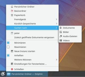 Abbildung 4: Ähnlich wie in Android 8 dürfen in aktuellen KDE-Plasma-Ausgaben Anwendungen für das Kontextmenü der Taskleiste "Sprungziele" definieren, wie hier die Bookmarks und die Suchfunktion.