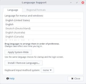 Abbildung 8: Die Sprachauswahl nehmen Sie in Linux Lite per Auswahlliste vor.