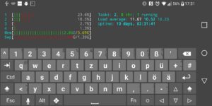 Abbildung 8: Das Hacker's Keyboard erleichtert mit Zusatztasten wie [Ctrl] oder den Pfeiltasten den Umgang mit dem Linux-Terminal.