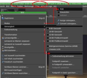 Abbildung 1: In der Titelleiste zeigt Gimp nun die für das Bild verwendete Farbtiefe und den genutzten Farbraum. Im Menü <span class="ui-element">Bild</span> stellen Sie dies ein.