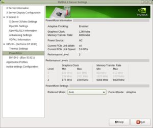 Abbildung 2: Mit dem Programm Nvidia-settings aus dem proprietären Treiberpaket lässt sich nicht nur die Temperatur anzeigen, sondern die Grafikkarte auch übertakten. Hier ist der Modus <span class="ui-element">adaptive clocking</span> aktiv, der die Taktfrequenz der aktuellen Auslastung anpasst.