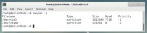 Abbildung 4: Mit dem Befehl <code>swapon -s</code> sehen Sie, welche Swap-Partitionen ins System eingebunden sind.