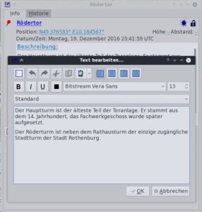Abbildung 5: Sie dürfen Wegpunkte mit einem längeren Text beschreiben. Die in der Software möglichen Formatierungen eignen sich allerdings nicht für den Austausch mit Osmand via GPX-Datei.