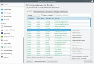 Abbildung 7: Der Men&uuml;punkt <span class="ui-element">Systemd</span> in den Einstellungen von KDE&nbsp;Plasma erleichtert den &Uuml;berblick &uuml;ber im System laufende Einheiten und deren aktuellen Status. Per Kontextmen&uuml; steuern Sie hier Units wie mit Systemctl.