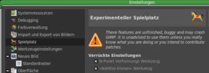 Abbildung 10: Starten Sie Gimp mit der Option <code>--show-playground</code>, lassen sich in den Einstellungen experimentelle Werkzeuge aktivieren.