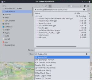 Abbildung 12: QMapShack unterstützt neben dem GPS Exchange Format (GPX) die Formate einiger Navigationsgeräte, das eigene Dateiformat QMapShack-Binary sowie das Format des Vorgängers QLandkarte.