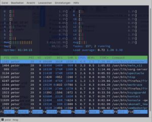 Abbildung 4: Htop zeigt auf der Konsole dank Farbeinsatz übersichtlich die Systemlast und die laufenden Prozesse.