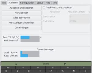 Abbildung 5: Das GUI von Grip ist nicht sehr übersichtlich gestaltet, doch immerhin sagt der Text des Buttons "Auslesen und kodieren" klar, dass das Programm nach einem Klick darauf komprimierte Audiodateien aus den CD-Tracks erstellt.