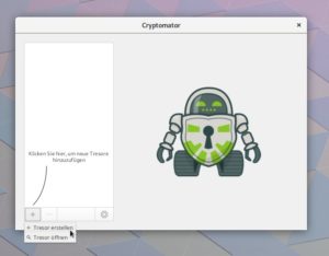 Abbildung 1: Die Oberfläche von Cryptomator beschränkt sich auf einige wenige Elemente. Über das Plus-Icon erstellen Sie neue Tresore oder binden bestehende Crypto-Container ein.