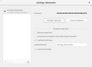 Abbildung 2: Die Optionen zum Speichern des Passworts und automatischen Einbinden eines Tresors beim Start der Anwendung funktionieren unter Linux aktuell noch nicht.
