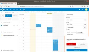 Abbildung 7: Der Kalender markiert die aktuelle Uhrzeit mit einem roten Strich. Hier würde Nextcloud zudem zwei Stunden vor dem Zahnarzttermin akustisch Alarm schlagen.
