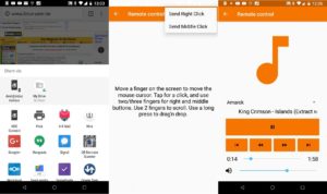 Abbildung 2: Links: URL an den Desktop-Browser senden. Mitte: Maus und Tastatur von Android aus steuern. Rechts: Medienkontrolle von Android aus steuern.