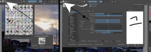 Abbildung 3: Krita 4 bringt erweiterte Möglichkeiten der Brushes. Vorschauen und Einstellungen erreichen Sie über die zwei mit einem Pfeil markierten Buttons in der Werkzeugleiste.