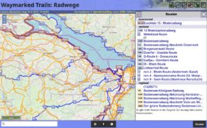 Abbildung 4: Waymarked Trails konzentriert sich auf europäische Radfernwege. Über den Knopf <span class="ui-element">Routen</span> lassen sich die im aktuellen Kartenausschnitt angezeigten Routen auflisten.