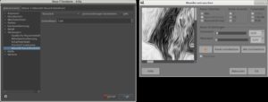 Abbildung 7: Der Raschunterdrückungsfilter <span class="ui-element">Wavelet denoise</span> bietet in der Krita-Version (links) erheblich weniger Möglichkeiten als die Gimp-Variante (rechts).