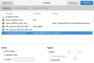 Abbildung 4: Wenn Sie Ihr Google-Konto in den Gnome-Systemeinstellungen verankert haben, k&ouml;nnen Sie &uuml;ber den "Drucken"-Dialog PDF-Dateien in Google Drive speichern.