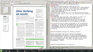 Abbildung 4: Unser LaTeX-Projekt war schon recht weit fortgeschritten: Rechts die Eingabedatei im LaTeX-Format, links die damit erzeugte PDF-Datei. Das damalige EasyLinux-Layout war schon recht gut umgesetzt.