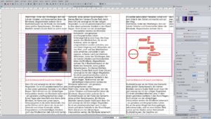 Abbildung 6: Desktop-Publishing-Programme wie Scribus steuern Text(um)fluss und die Platzierung von Bildern durch Rahmen. Die Eigenschaftspalette rechts gew&auml;hrt Zugang zu den zahlreichen Einstellungsm&ouml;glichkeiten.