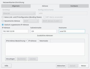 Abbildung 2: Das Festlegen einer statisch zugewiesenen IP-Adresse erledigen Sie in YaST mit wenigen Mausklicks.