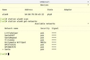 Abbildung 2: Das Client-Programm <code>iwctl</code> startet eine Terminal-Shell: Per Kommando scannen Sie nach drahtlosen Netzwerken oder buchen sich in eines ein.