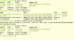 Abbildung 2: Mit <code>nmcli connection</code> geben Sie die Daten f&uuml;r bereits konfigurierte Netzwerke aus. Per <code>nmcli connection up <em class="replaceable">Name</em></code> aktivieren Sie den gew&uuml;nschten Zugang.