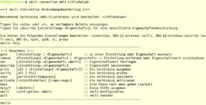 Abbildung 3: Zum Ver&auml;ndern bereits konfigurierter Netzwerke bietet das Kommandozeilen-Frontend des NetworkManagers einen integrierten Editor mit, der zus&auml;tzlich die Syntax &uuml;berpr&uuml;ft.