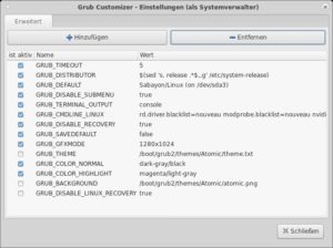 Abbildung 4: Alle Grub-Parameter lassen sich in den erweiterten Einstellungen von Grub Customizer aktivieren beziehungsweise deaktivieren.