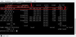 Abbildung 4: Das Kommando <code>routel</code> zeigt unter OpenSuse die Routing-Tabelle mit dem Default-Gateway (1) und der Netzmaske (2) an.