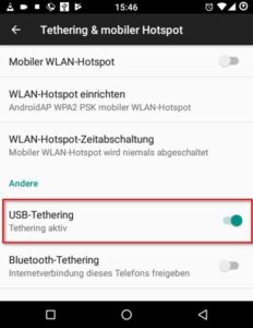 Abbildung 5: Per USB-Tethering stellt ein Android-Smartphone seine Internet-Verbindung für Rechner ohne WLAN oder Bluetooth zur Verfügung.