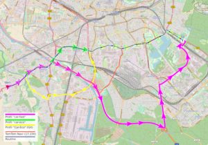 Abbildung 5: Die fett dargestellten Routen in Nürnberg liefert BRouter mit den zwei vorinstallierten Auto-Profilen und einem weiteren aus einem externen Github-Repository. Die dünne rote Strecke liefert ein TomTom-Gerät während der Hauptverkehrszeit.